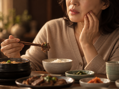 식사를 하다가 어금니 통증을 느끼는 모습